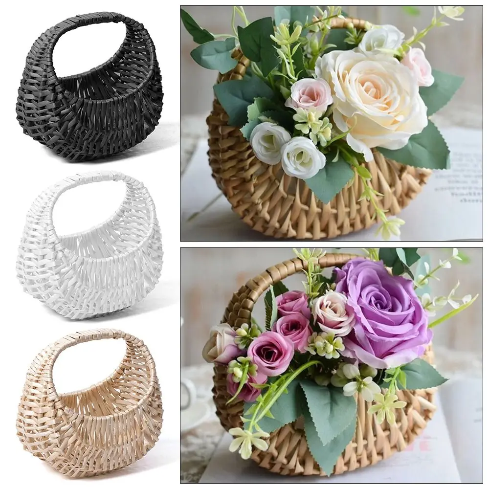 

Durable With Handle Flower Basket Half Moon Willow Woven Rattan Basket Handmade DIY Storage Basket Home Garden