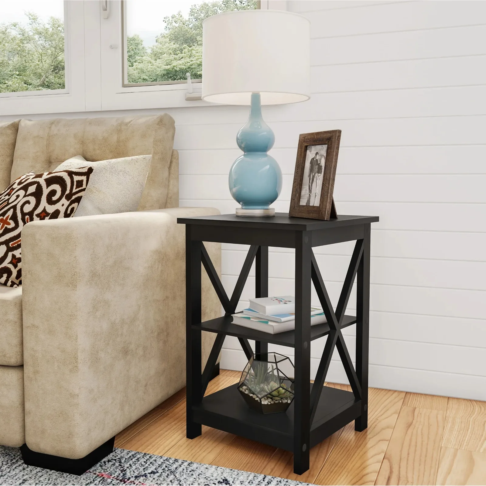 US Wooden End Table with Two Shelves and X-Shaped Design (Black)