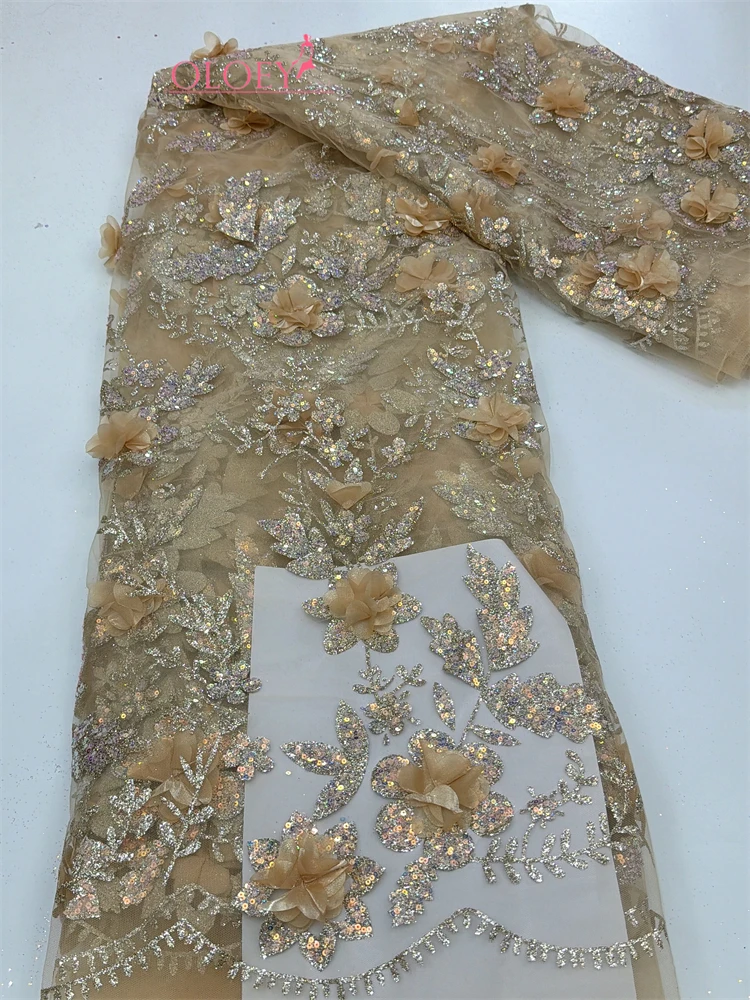 

OLOEY African 3D Floral Lace Fabric High-Quality French-Style NigerianGold Powd Spr Lace Fabric Wedding Gown & Evening