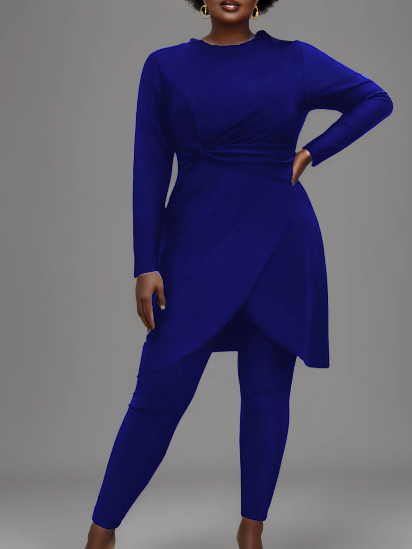 

L-4XL 2pcs plus-sized Elegance Burkini Modest swimwear Royal Blue long sleeved Dress and Pant Lady Swimwear beachwear