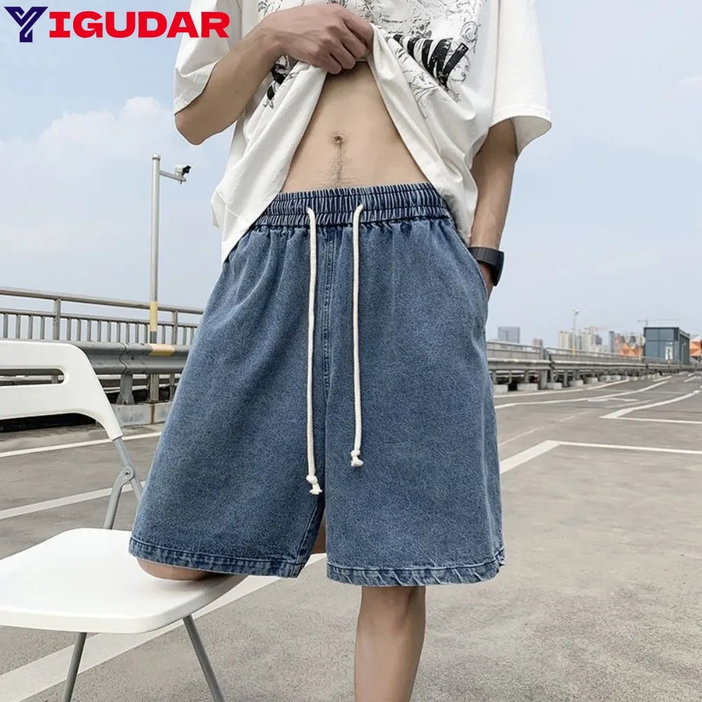 

Summer Thin style Men's Casual wash Elastic waist Jeans Shorts Loose Mid Fashion Denim Short Pants Vintage Male New Korean