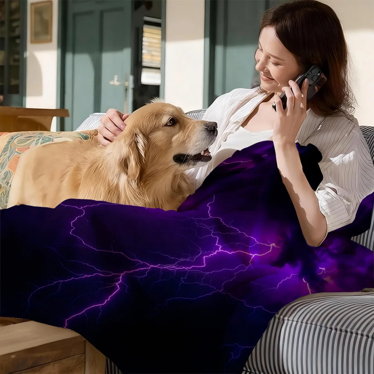 Purple Lightning Bolt Design Flannel Blanket Hypoallergenic Fabric, AllSeason MultiUse for Bed, Sofa, Camping & Travel Contempor