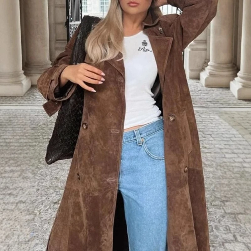 

Fashion Long Suede Overcoat Women Solid Chic Lapel Single Breasted Loose Outerwear Lady Autumn Daily High Street Jacket