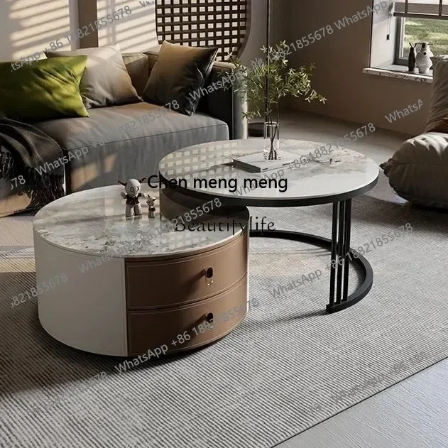New arrive living room small apartment rock slab coffee table round saddle leather Italian light luxury modern simple glass comb