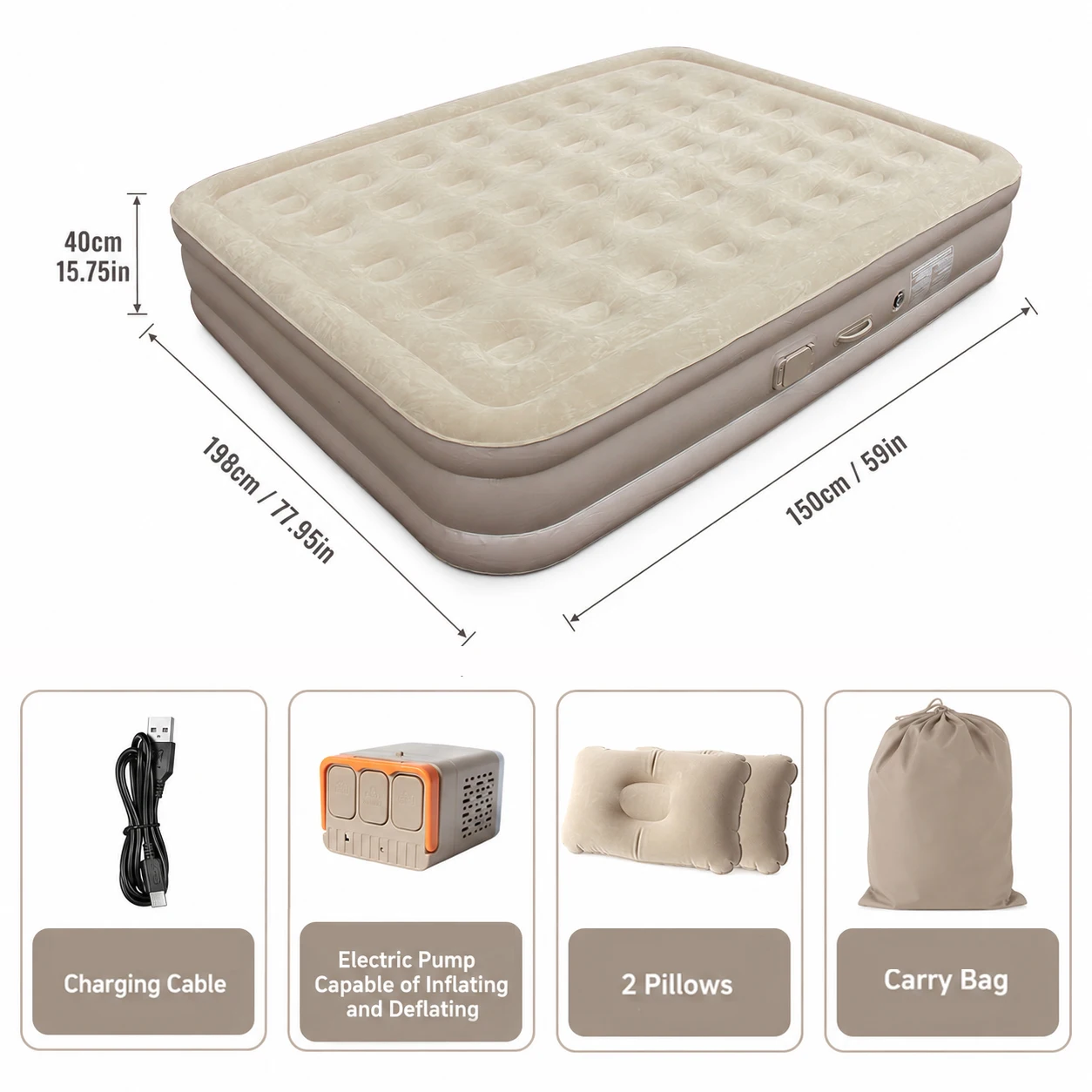 16i" 펌프가 내장된 풍선 퀸 에어 매트리스, 200*150*40cm 텐트 캠핑용 휴대용 내구성 PVC 에어 침대 최대 150kg 썸네일 6