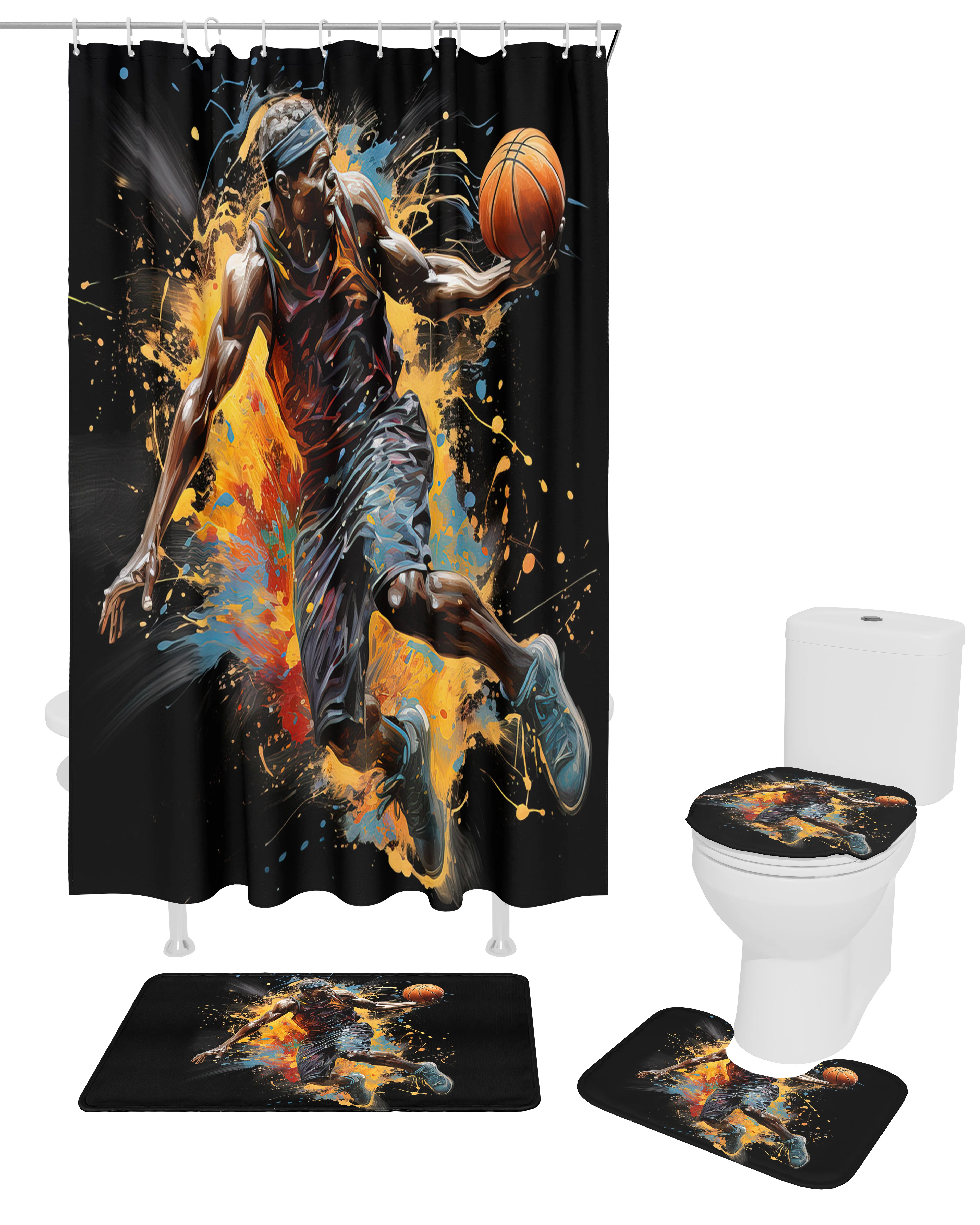 Sports Style Athlete Basketball Shower Curtain Non-Slip Rugs Toilet Lid Cover and Bath Mat Bathroom Curtains with Hooks