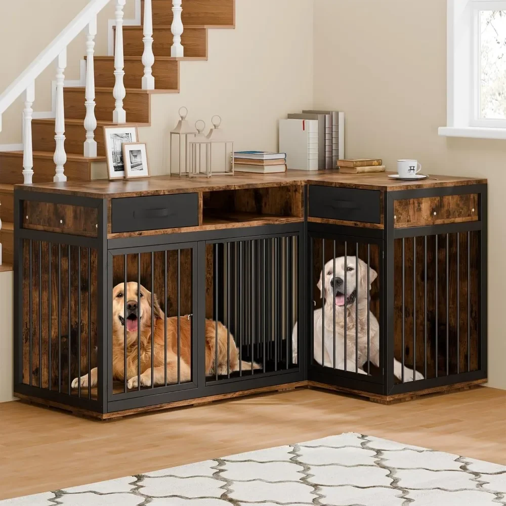 for 2 Dogs with Divider and 2 Fabric Dra Corner Dog Crate Furniture,85.4