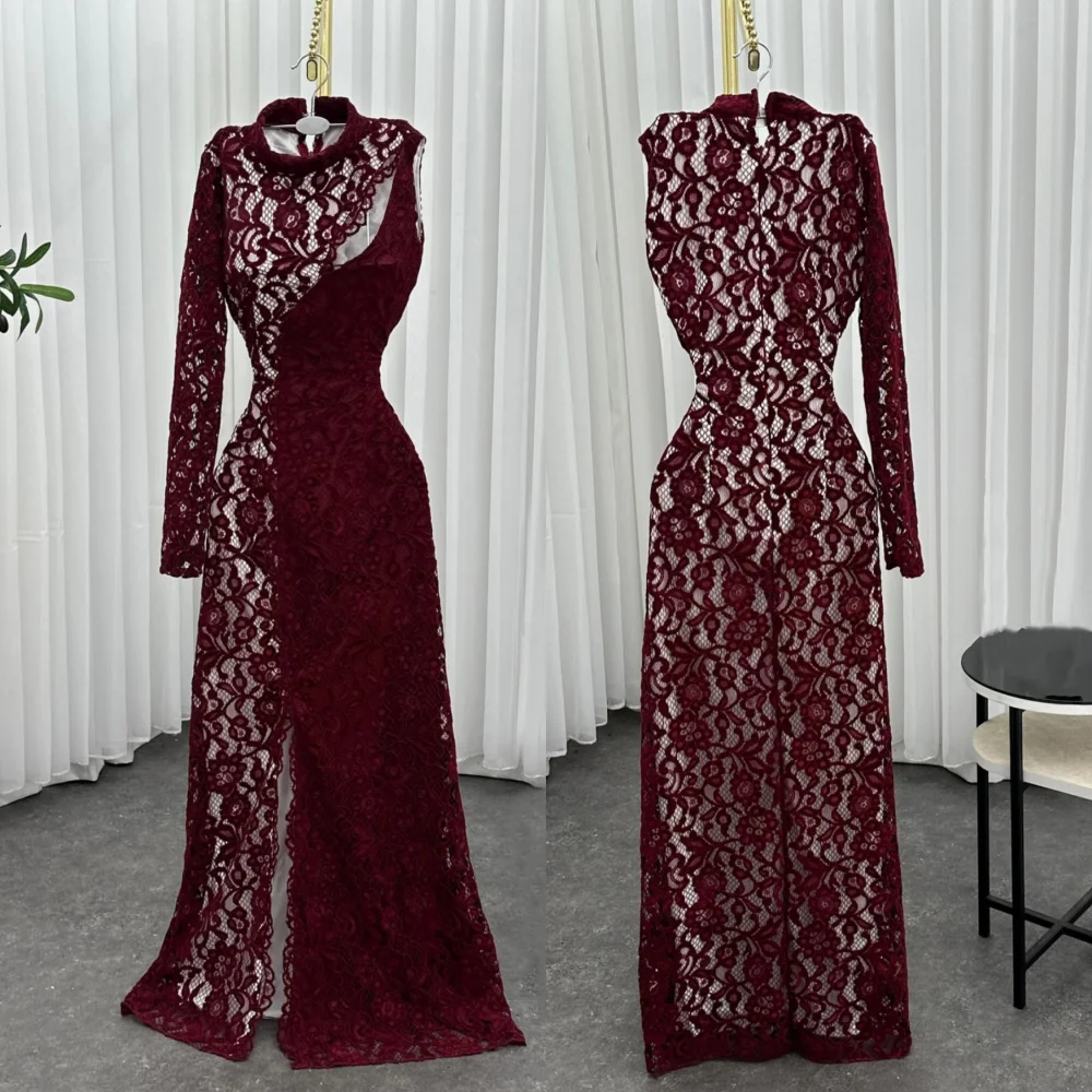 

Customized Lace High Collar Straight Long Dresses Bespoke Occasion Woman Elegant Party Wedding Chinese Style Simple Formal