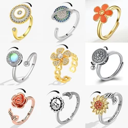 Ethnic Mandala Flower Finger Rings for Women Girls Rotating Rose Sun Planet Anxiety Knuckle Ring Anti Stress Jewelry