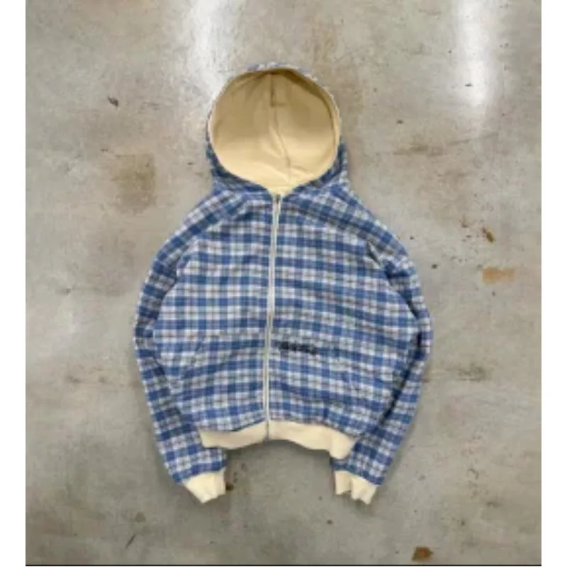 

Куртка-кардиган на молнии в стиле Y2K, ретро, двусторонняя, в клетку, с капюшоном, для пар, повседневная, универсальная, в корейском стиле Харадзюку, для ранней весны