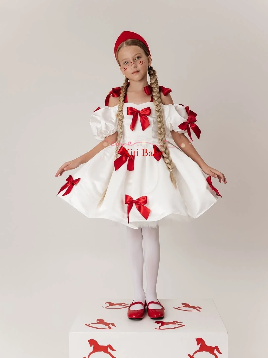 Luxury Beauty Flower Girl Dress Blue Puff Girls Party Dresses for Wedding Puff Sleeves Satin Kids Christmas Ceremonial Dress