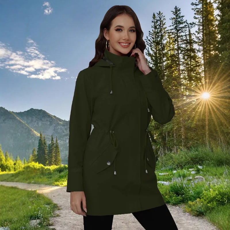 Women's Mid‑Length Hooded Windproof Trench Coat Drawstring Waist Slim Multi‑Pocket Loose Casual Outdoor Spring Autumn Jacket