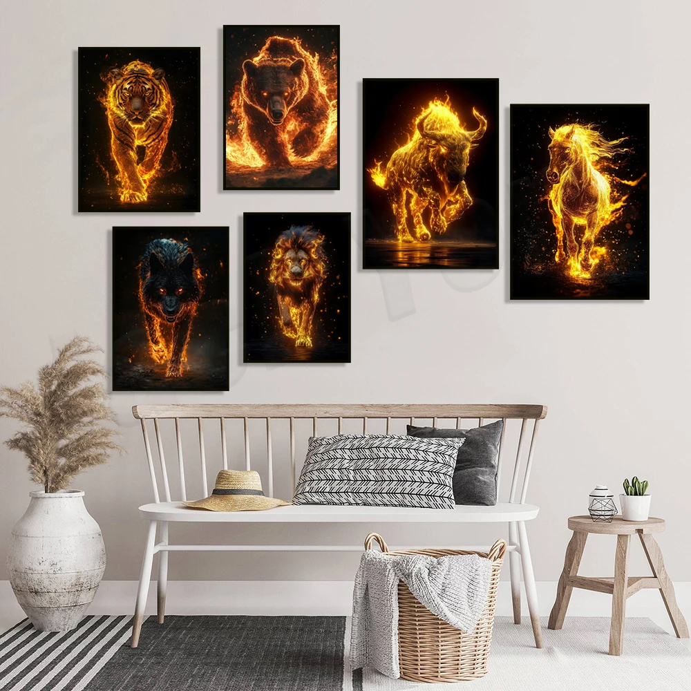 Wildlife prints, including fiery rhinoceros, kangaroo, tiger, wolf, lion, wild boar, and crocodile animal canvas posters.