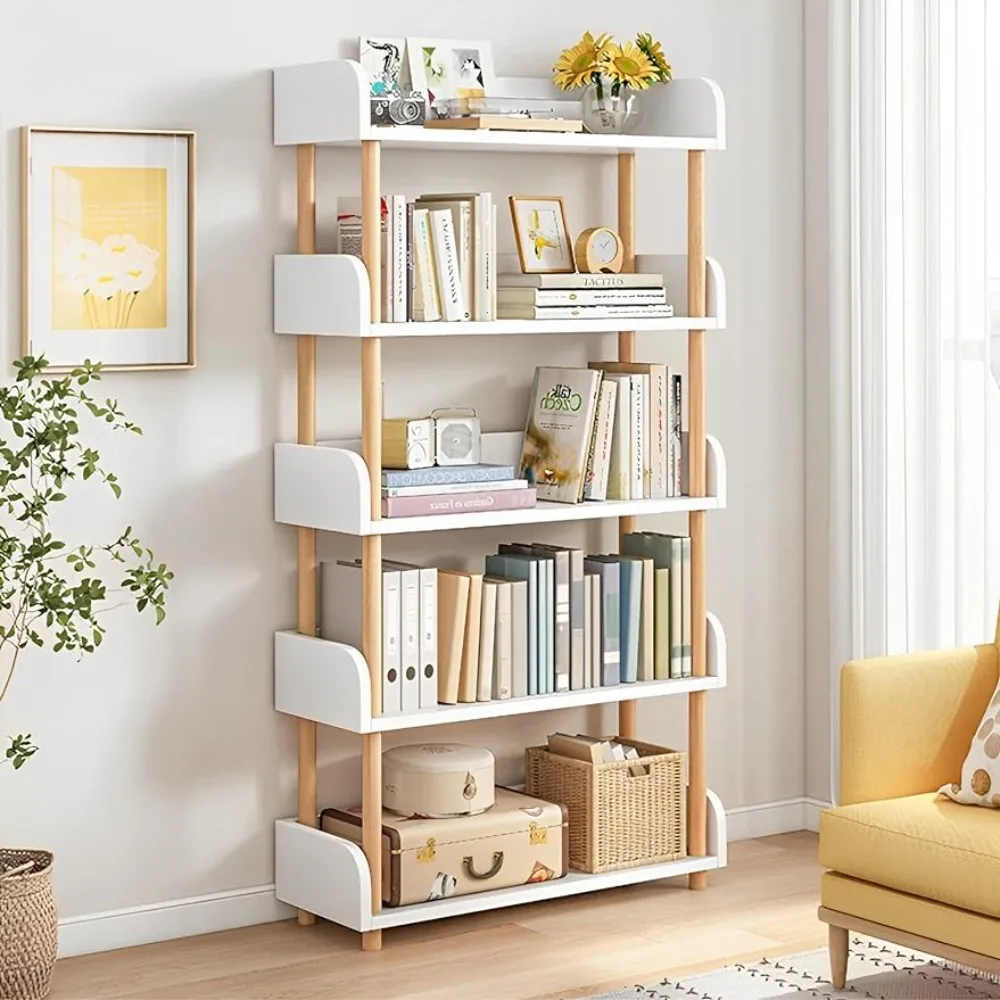 

5-Tier Wooden Open Bookcase - Modern Freestanding Bookshelf With Side Panels and Solid Wood Frame for Home and Office Record Box