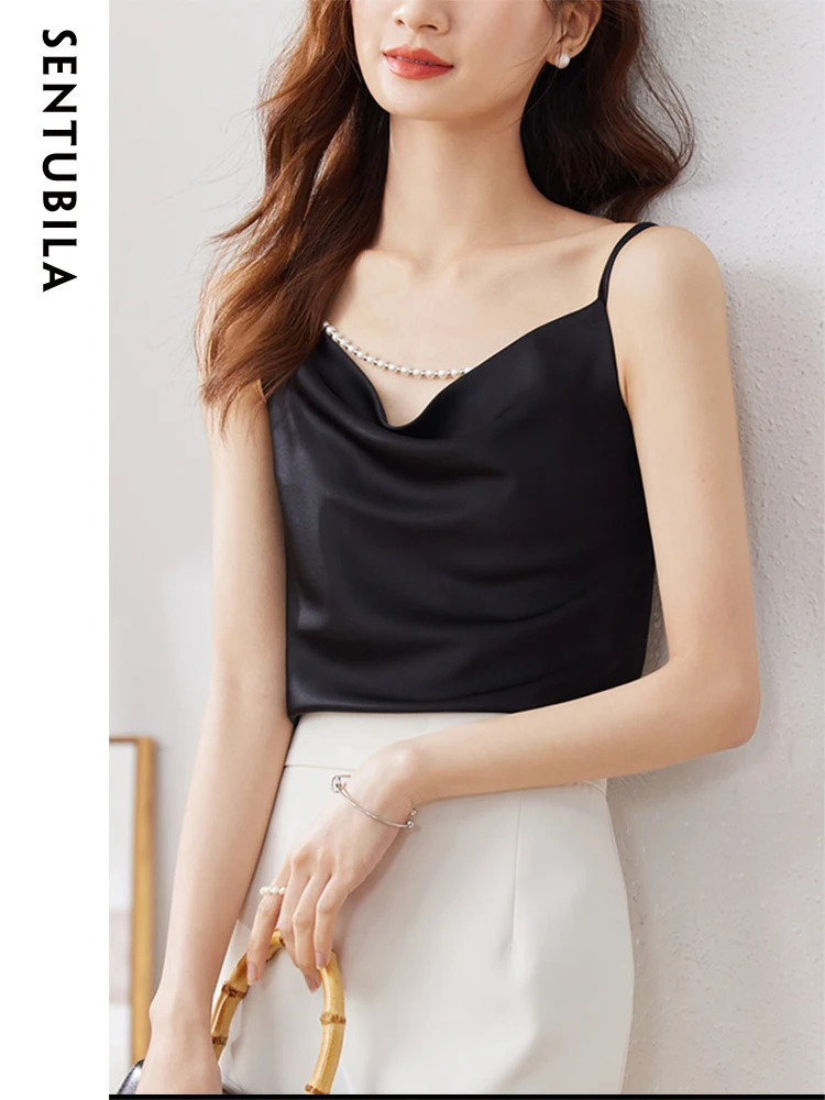 

SENTUBILA Sexy Camis for Women 2024 Summer V Neck Ruched Silky Camisole Sleeveless Solid Vest Female Chic Lady Tops 132I49445