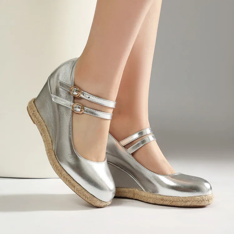 Silver Metallic Women Mary Jane Wedge Shoes Summer Ankle Buckle Round Toe Daily Casual Shoes