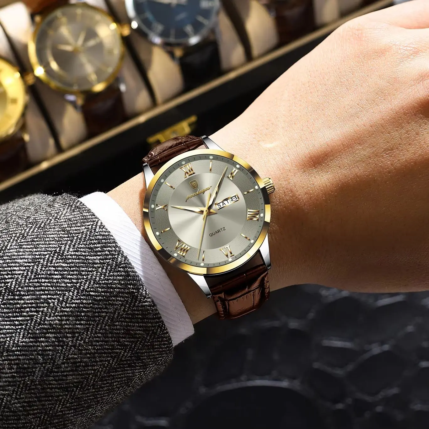 POEDAGAR Original Fashion Men's Watches Leather Date Week High Quality Quartz Men Wristwatch Waterproof Luminous Business Watches For Man Male Reloj image 6