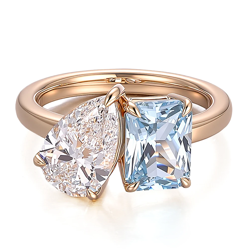 Provence Pear Cut Brilliant Moissanite & Radiant Cut Aquamarine Prong Set Women Two Stone Engagement Ring 14K Solid Yellow Gold