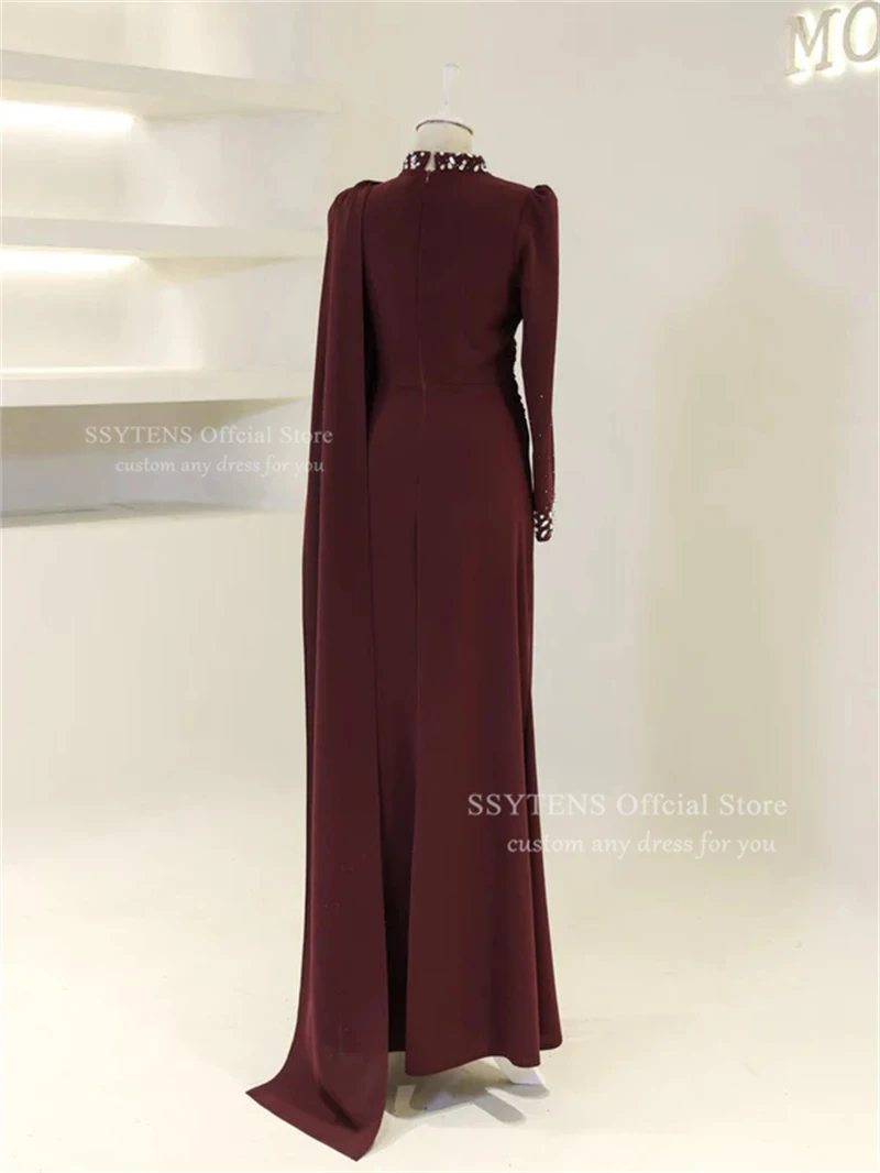 SSYTENS ダークバーガンディ スペシャルイブニングドレス レディース 2025 ラグジュアリー クリスタル ロングスリーブ マーメイド ローブ ド ソワレ プロム ガウン カスタマイズ