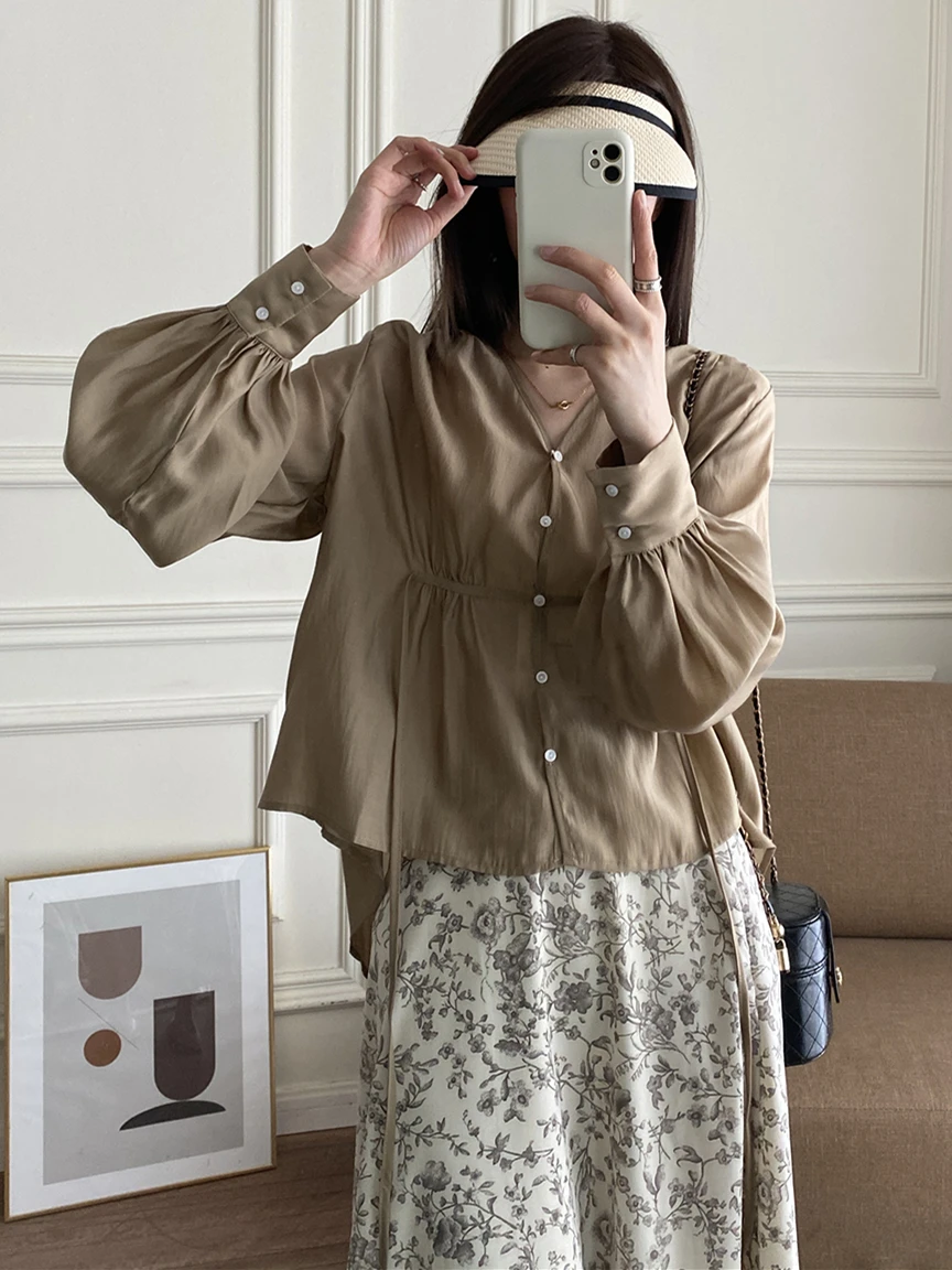 

Summer Rayon Women V-Neck Tops Hot Selling Long Sleeves Simplicity Solid Waistband High Street Chic Comfortable Shirts Blouses