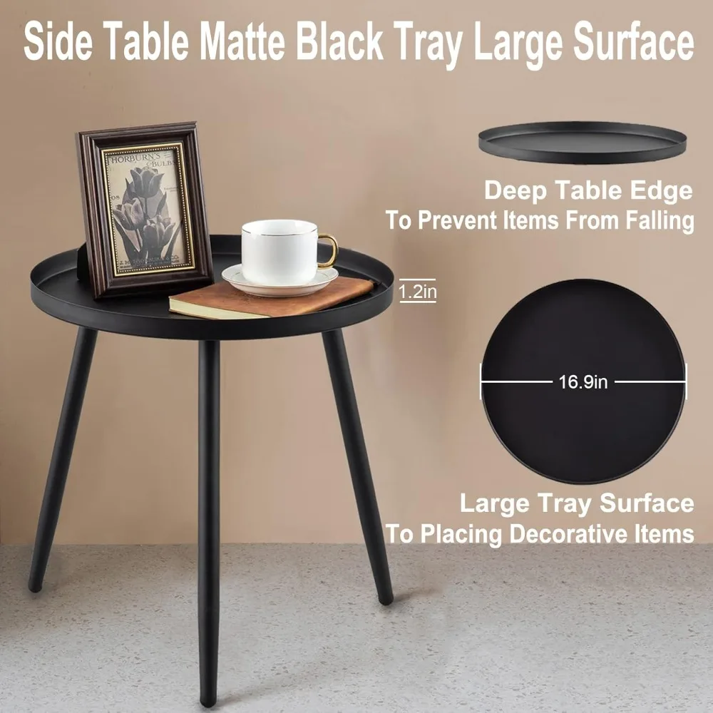 Accent Side Waterproof Metal Structure, Great for Living Room, Bedroom, Ioor & Outdoor, Matte Black Tray Surface with 3 Legs