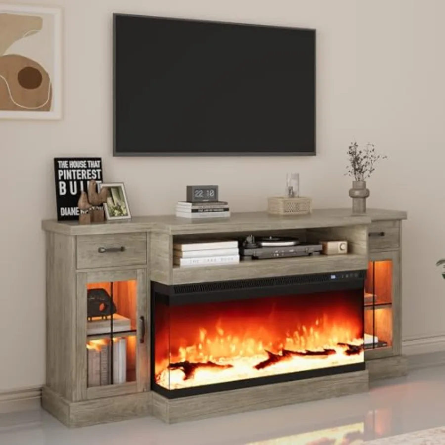 Farmhouse TV stand for TVs up to 80, 70 fireplace entertainment center with 3-sided glass electric fireplace, grey wood-look fi