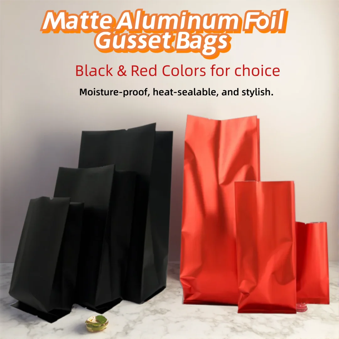 Matte Red & Black Aluminum Foil Side Gusset Bags – Heat Sealable Plastic Packaging for Coffee, Tea, Grains, Gift. Moisture-Proof