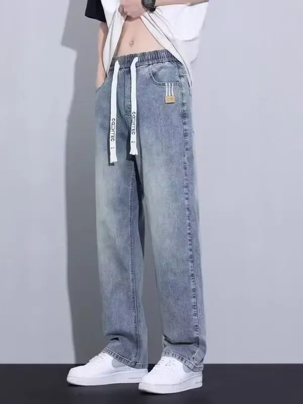 미국 하이 스트리트 남성 캐주얼 청바지 여름 얇은 워싱 라이트 블루 신축성 있는 허리 루즈 스트레이트 팬츠