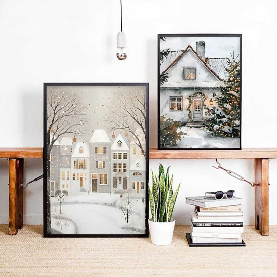 in Paris Snow house Christmas tree Snowy city Fashion Wall Art Canvas Painting Nordic Poster Decor Romantic winter Snow at night