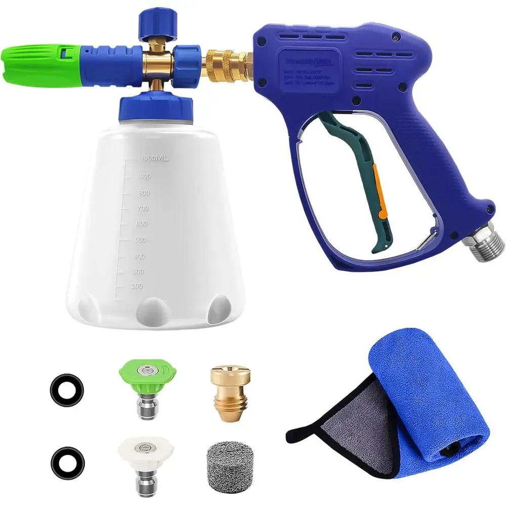 

5000PSI Short Power Washer Gun with M22-14 Connector, 1/4 Inch Quick Foam Cannon Soap Sprayer with 2 Nozzles for Car Wash