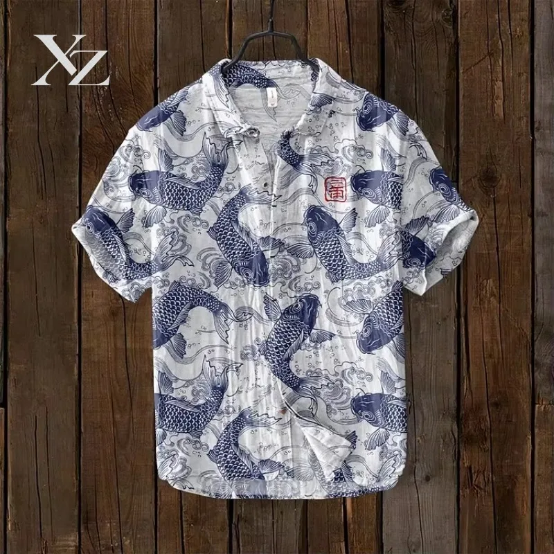 Men's Japanese Art Cat & Wave Print Short Sleeve Shirt Harajuku Y2K Oversized Tunic Casual Turn Down Collar Tops Male