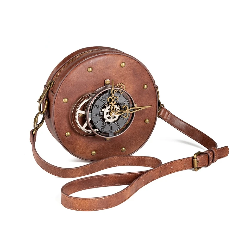 

Women's one shoulder messenger bag Steampunk PU leather vintage style round motorcycle bag multi-functional outdoor travel