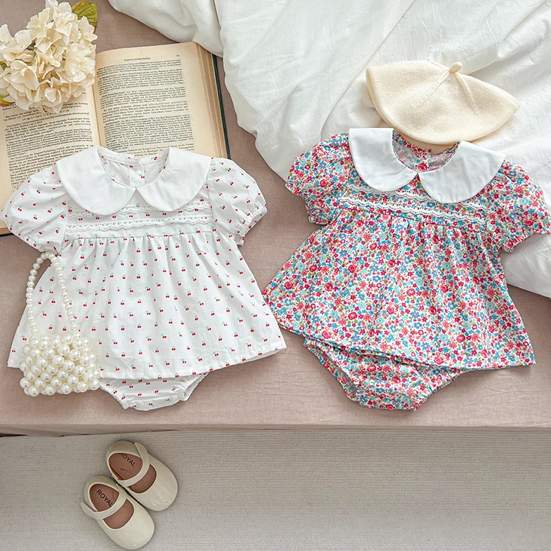 Baby Girls Clothing Sets Summer Puff Sleeve Top Floral Print Blouse + PP Shorts Infant Newborn Girl Clothes Suit Bbay Cherry Set