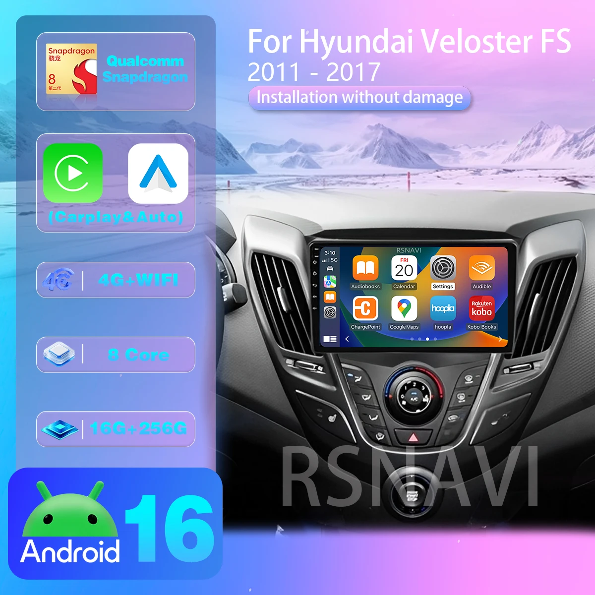 Android 16 Carplay Auto For Hyundai Veloster FS 2011-2017 2K Screen Car Radio Multimedia Player Wireless WIFI+4G 360 Camera