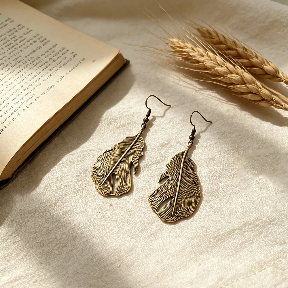 Vintage Distressed Antique Bronze Hollow Feather Long Earrings with Three-Dimensional Feather Vein Texture, Dangling Feather Earrings, Forest-Style Pastoral Ambiance Accessories