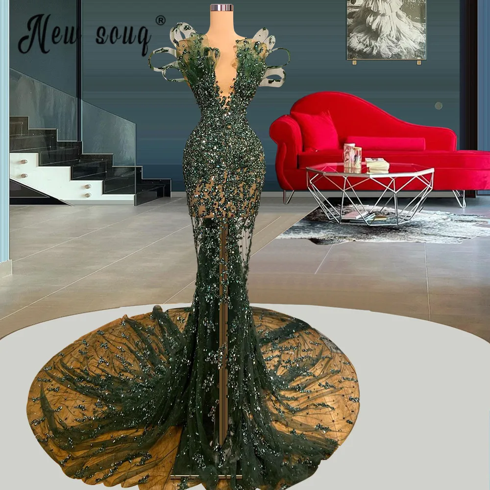 Nieuwe Green Elegant Mermaid Sexy Off Schouder Mermaid Avond Dresse Toga Luxe Kralen Veren 2023 Vrouwen Party Gewaden