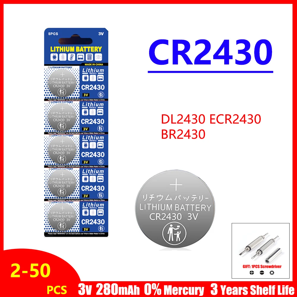 Pile bouton au lithium pour montre, télécommande, clé de voiture, horloge, échelle jouet, CR2430, DL2430, ECR2430, BR243, CR2430, 3V, 2-50 pièces