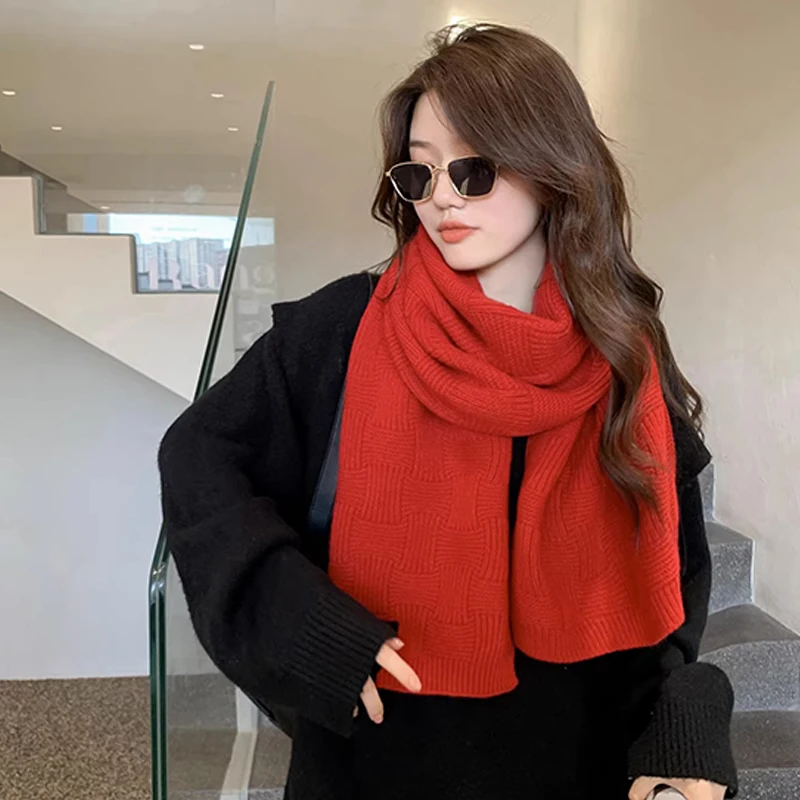 Autumn And Winter New Scarf Women's Striped Versatile Japanese Solid Color Thickened Warm Knitted Scarf Long Neck Scarf