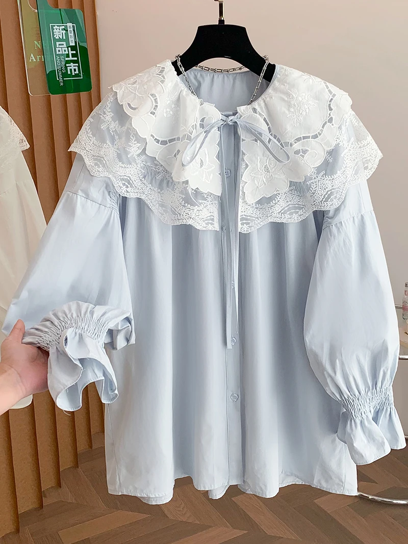 

Новая весенняя блузка 2026 года в нежном стиле: свободная рубашка с длинными рукавами, украшенная стразами и бисером, кружевная накидка, повседневная женская блузка