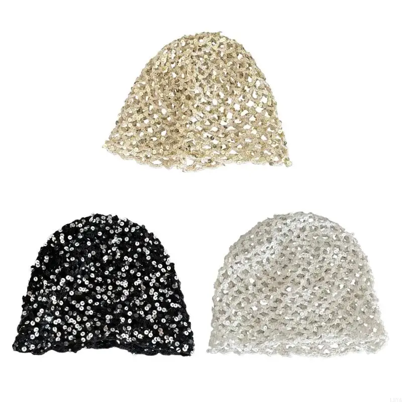 

L5YA Reflective Sequined Hat Stackable Design Comfortable Pullover Hollowout Hat For Women Daily and Evening Party Photo Wear