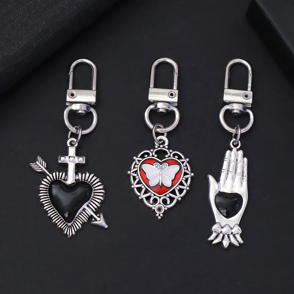 Retro Gothic Love Heart Keychains Original Metal Hollow Cross Palm Key Ring Backpak Earphone Case Decor for Women Men Party Gift