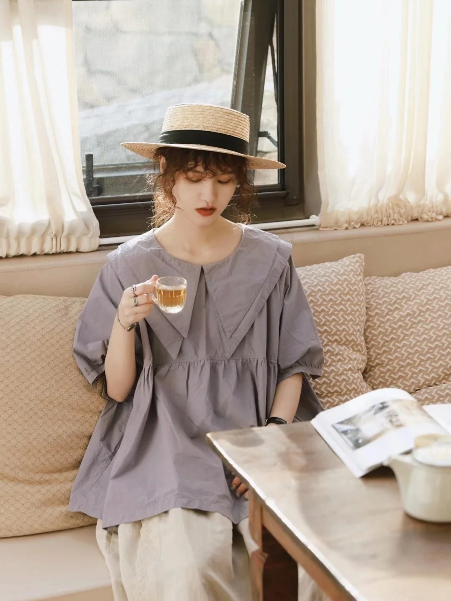 

Artistic Women's Shirt Puffy Doll Collar Vintage Loose Cotton Summer Sweet Cute Japanese Style Short Sleeve Pure Color