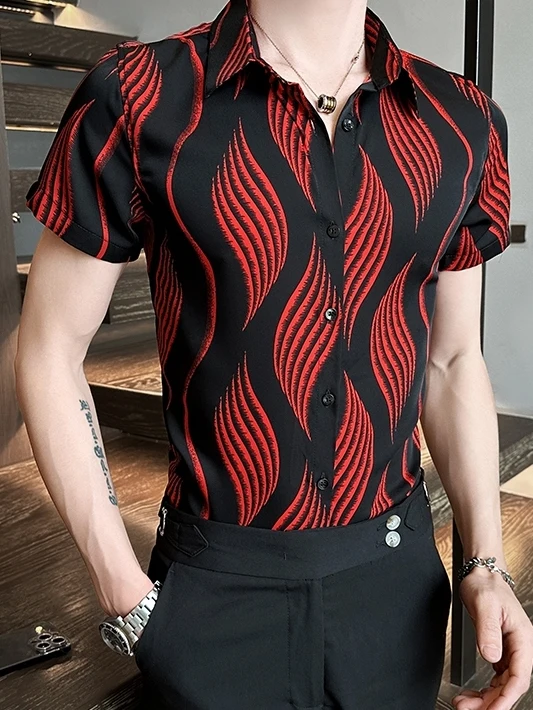 

Slim Fit Floral Print Shirt Men's Summer Thin Short Sleeve Printed New Style European Stripe Trendy Brand Handsome Flower Shirt