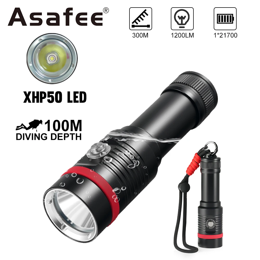 

Asafee AF18D P50 LED Powerful Dive Lamp 1200LM Portable Torch 100M Underwater Professional Diving Flashlight Scuba Backup Light