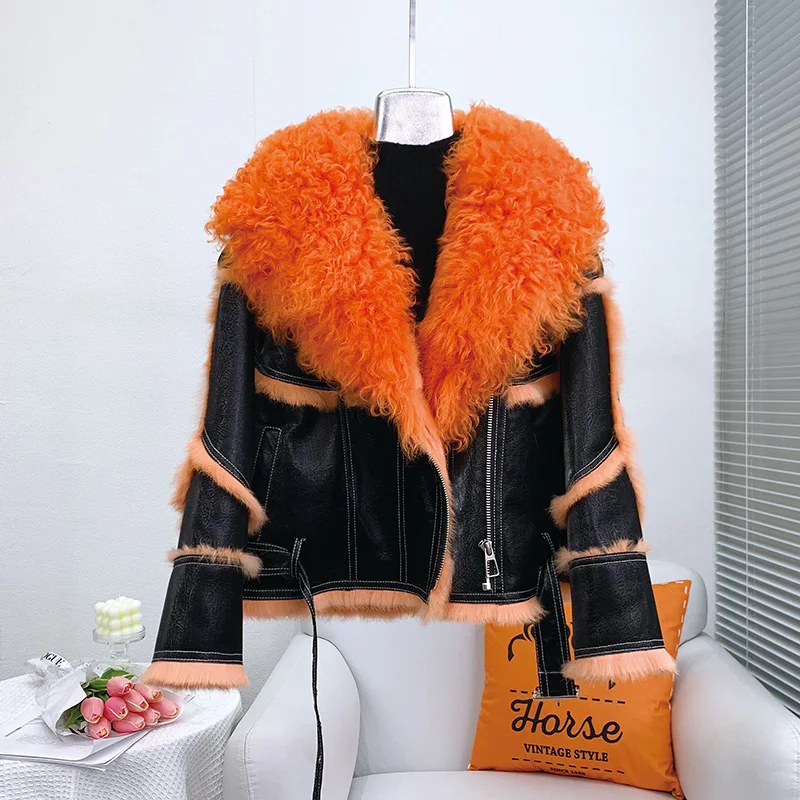 Women Girl Rabbit Fur Warm Coats Female Lady Lamb Wool Fur Collar Motorbike Jacket Winter Overcoat JT3238