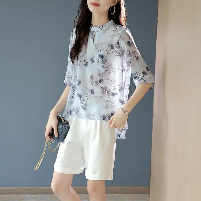 Women Summer Chinese Style Printing Loose Elegant O-neck 3/4 Sleeve Chiffon Shirts Women Clothes Casual Appear Thin Trend Tops