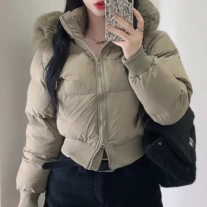 

Chic Vintage Detachable Hooded Cotton Jaet Women's Slim Fit Cotton Coat Korean Sle Straight Tube Long Sve Pure Color