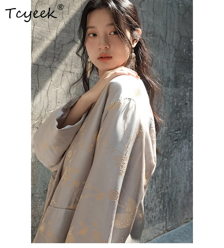 طقم معطف قميص حرير التوت 50% من Tcyeek للنساء، جاكار ساتان بأكمام طويلة، أطقم علوية كلاسيكية أنيقة، ربيع 2024 S41093QM #3