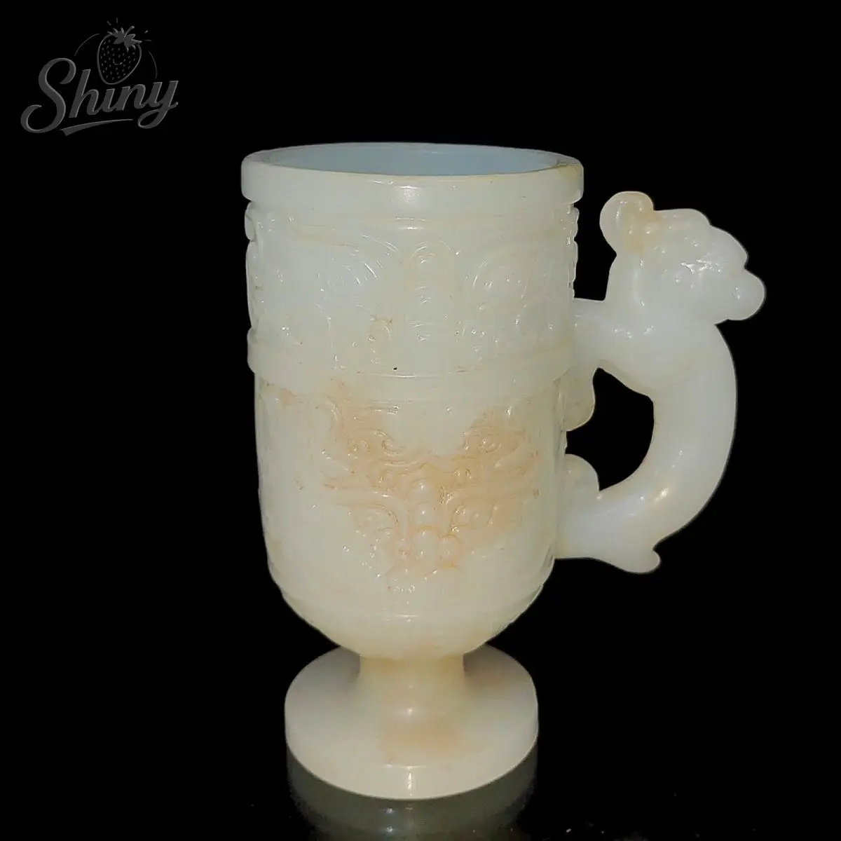 

Antique Old Chinese Dynasty Old Jade Carve Fengshui Dragon Loong Beast Zun Wine Cup Living Room Decoration