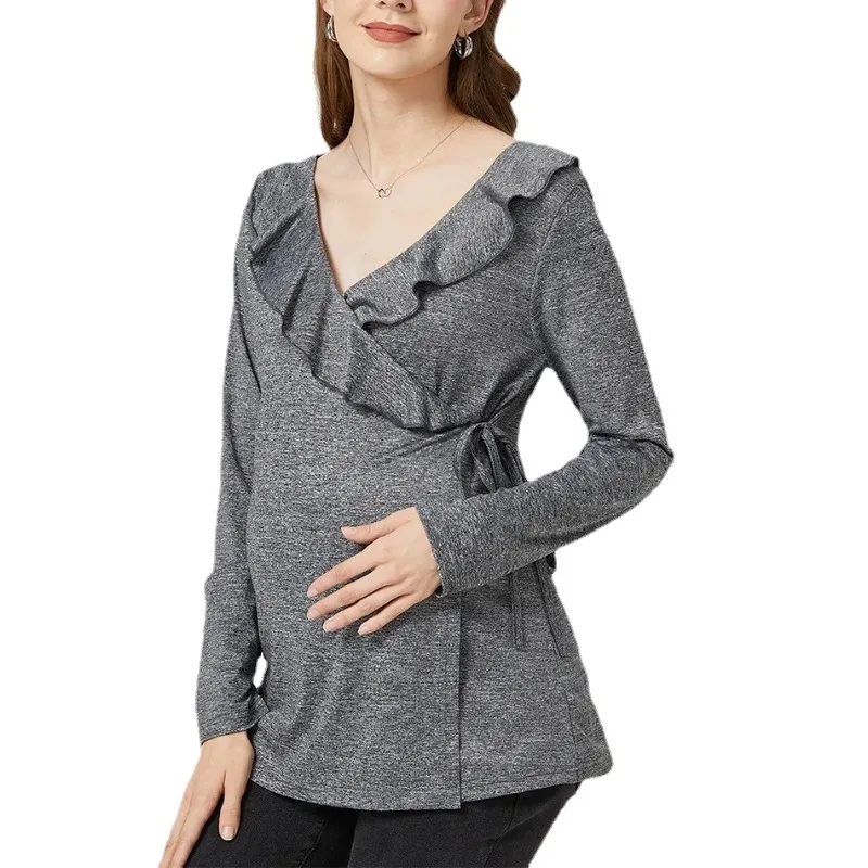 ربيع الخريف لوتس ليف نقاش حافة الخامس الرقبة طويلة الأكمام تي شيرت موضة الأوروبية الأمريكية النساء الحوامل الصلبة الرضاعة الطبيعية #5